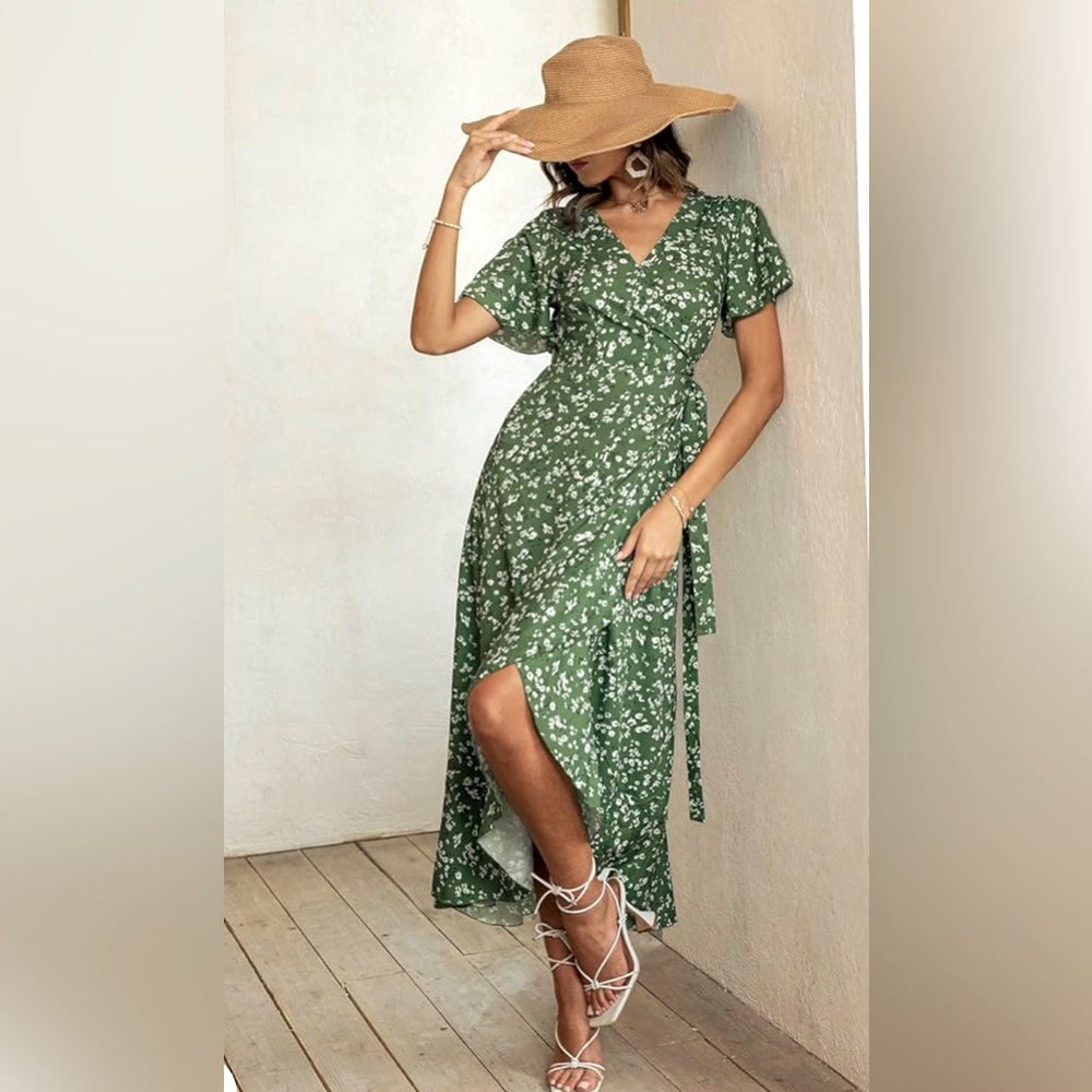 Floral green flutter sleeve midi wrap dress